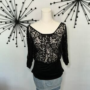 Cache black sheer mesh rose print top size large goth y2k blouse